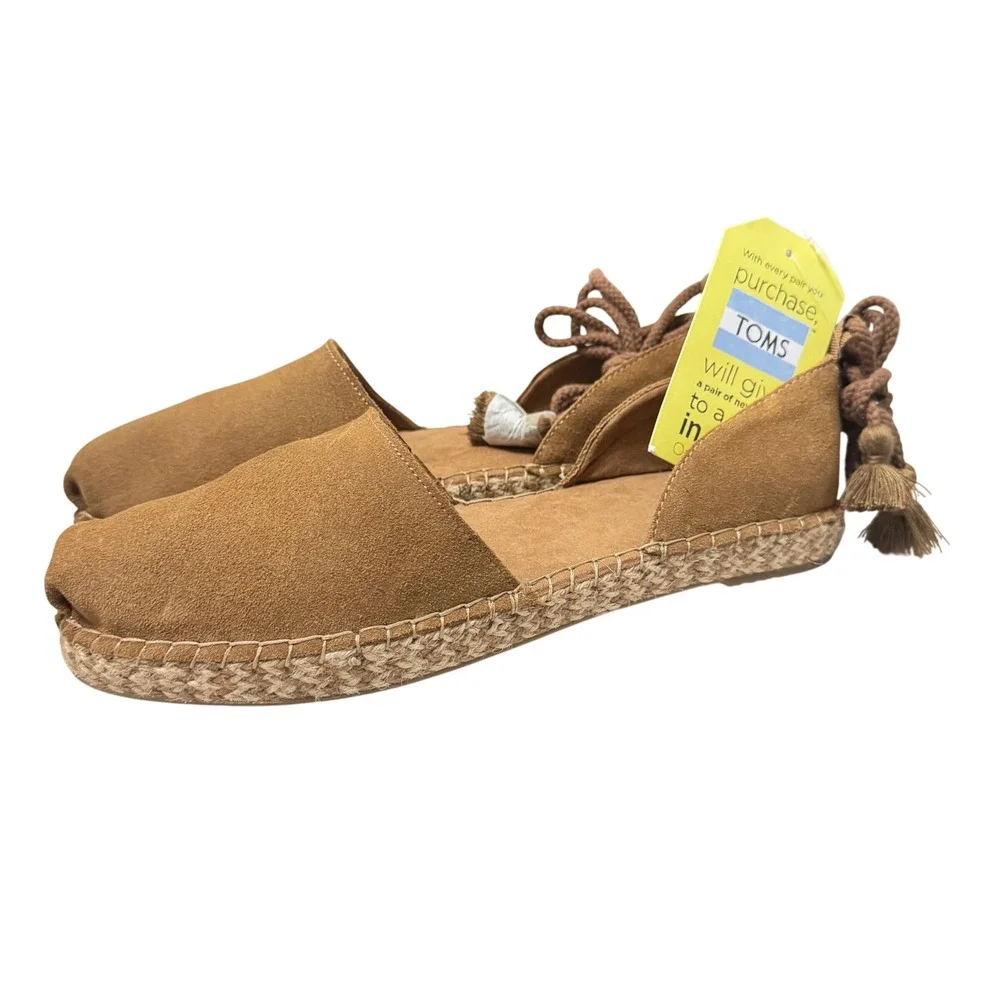 New Toms Katalina Suede DOrsay Flat Espadrilles Tan Size 11 Tasseled‎ Lace Up